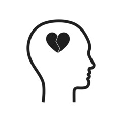 Human head silhouette with broken heart in head. Failed romantic love or mental disorder.	