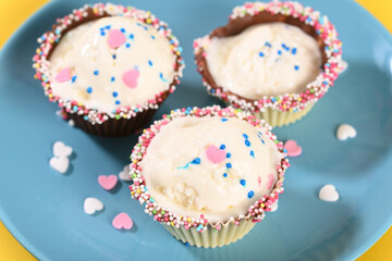 Ice cream in chocolate muffins.