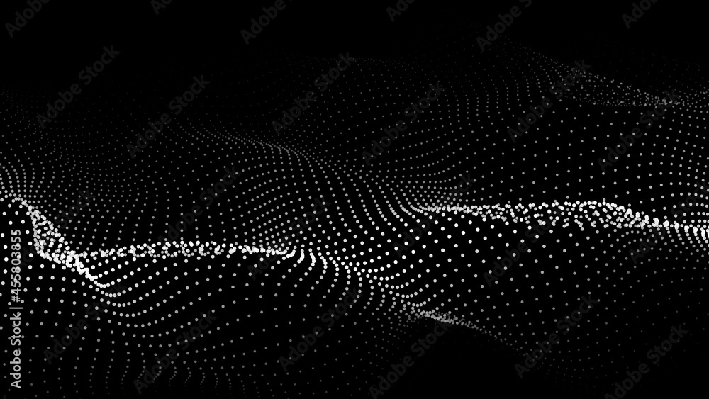 Poster wave of particles on dark background. technology backdrop. pattern for presentations. vector illustr