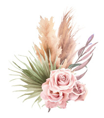 Watercolor boho floral bouquet  of pampas grass branches, palm leaves, dry flower, roses in pastel colors. Illustration for web design, print, fabric textile, wedding invitation and greeting cards