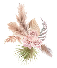 Watercolor boho floral bouquet  of pampas grass branches, palm leaves, dry flower, roses in pastel colors. Illustration for web design, print, fabric textile, wedding invitation and greeting cards