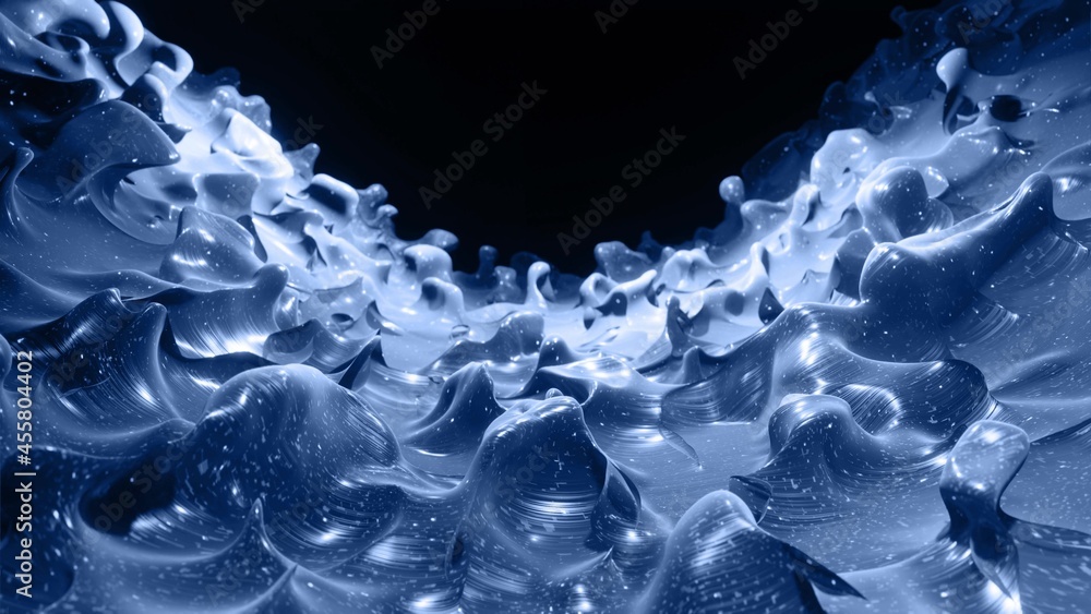 Poster 3d render. liquid black gradient. glossy paint surface as abstract stylish background. glitters in v