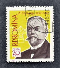 Cancelled postage stamp printed by Romania, that shows portrait of engineer A. Saligny, circa 1961.