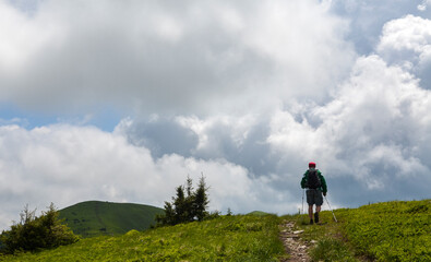 Back view of tourist with backpack traveling hiking in Carpathian mountains, active healthy lifestyle adventure journey vacations