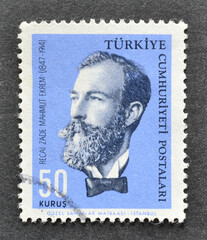 Cancelled Postage stamp printed in Turkey shows portrait of writer Recaizade Mahmut Ekrem...