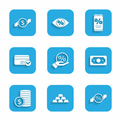 Set Discount percent tag, Gold bars, Stacks paper money cash, Coin with dollar, Credit card, Percent discount and mobile and Financial growth icon. Vector