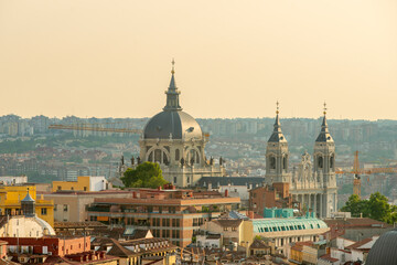 Domes and towers of the Madrid cathedral and the city's skyline