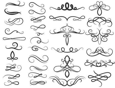 Calligraphy Swirl, Ink Pen Filigree flourishes. Ornate frame elements. Vintage Curl and swirly line. Vector