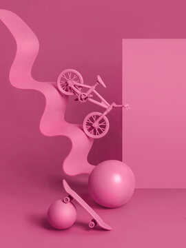 Pink monochromatic still life with wheeled objects