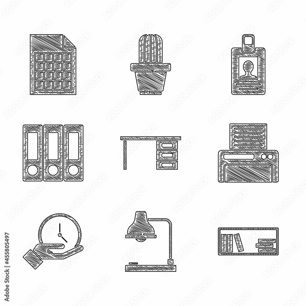 Poster set office desk, table lamp, shelf with books, printer, clock, folders, identification badge and fil