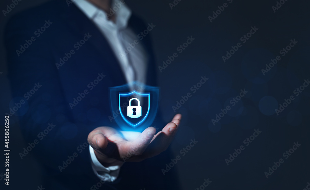 Poster businessman protecting data personal information. cyber security data concept. padlock and internet 