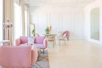 delicate and cozy light interior of the living room with modern stylish furniture of pastel pink color and white walls with stucco moldings in daylight