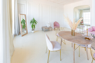 delicate and cozy light interior of the living room with modern stylish furniture of pastel pink...