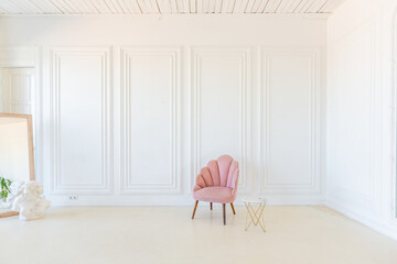 delicate and cozy light interior of the living room with modern stylish furniture of pastel pink...