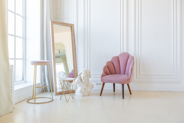 delicate and cozy light interior of the living room with modern stylish furniture of pastel pink...