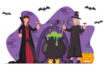 A man dressed as a vampire and a woman dressed as a witch drink wine and brew a potion in a cauldron in the castle. Flat vector illustration.