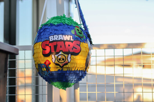 Nis, Serbia - September 07, 2021 Brawl Stars handmade pinata hangs on the balcony and a blurry background. Kids toy concept