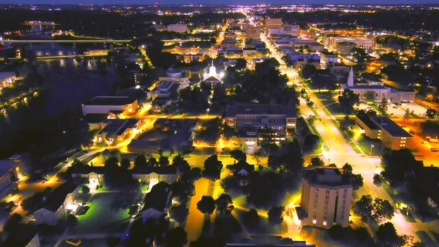 Appleton Wisconsin waterfront and beautiful College Ave. At night, stunning aerial view.
