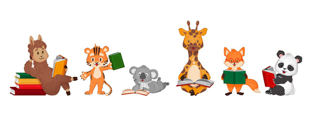 Set with cute animals reading books. Vector illustration in cartoon flat style