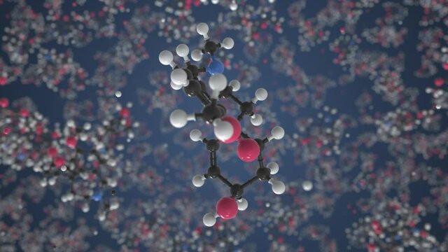 Galantamine molecule made with balls, conceptual molecular model. Chemical looping 3d animation