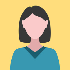 Vector illustration of a woman with black hair, isolated on yellow background. Simple female avatar, flat cartoon style.