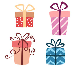 Set of different gift boxes with bows. Vector hand drawn elements isolated on white background.