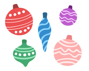 Set of different balls for Christmas tree. Vector hand drawn elements isolated on white background.