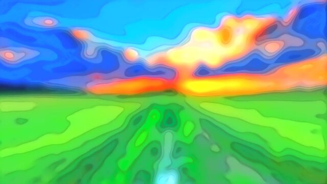 Flying over colorful abstract impressionist rural landscape with sunset sky, continuous looping back and forth.