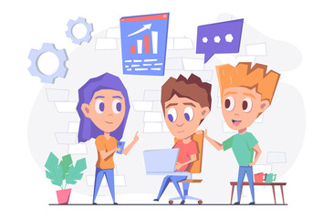 Teamwork. The team works together. The man sits with his laptop and discusses the schedule with the woman, a colleague stands nearby and supports them. Flat vector illustration.