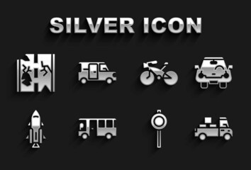 Set Bus, Car, Delivery truck, Road traffic signpost, Rocket ship with fire, Bicycle, Broken road and Minibus icon. Vector
