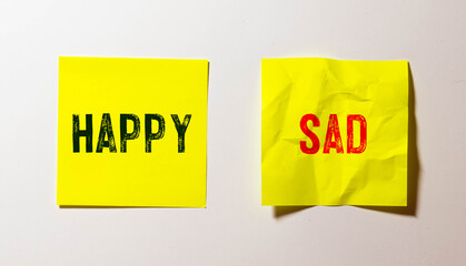 happy and sad word written on wood block. Top view concept. Isolated on dark background.