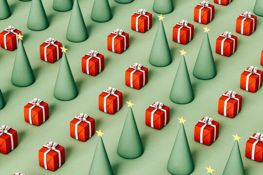 a pattern of noel gifts and trees