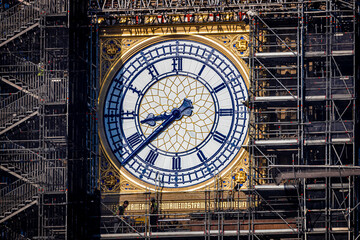 The Big Ben clock tower restored with dials and clock hands repainted Prussian blue, UK
