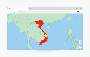 Browser window with map of Vietnam, searching  Vietnam in internet.