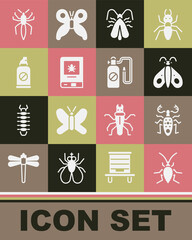 Set Cockroach, Beetle deer, Butterfly, Clothes moth, Book about insect, Spray against insects, Spider and Pressure sprayer icon. Vector