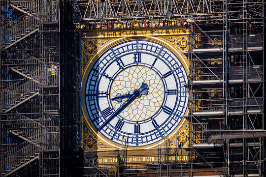 The Big Ben clock tower restored with dials and clock hands repainted Prussian blue, UK
