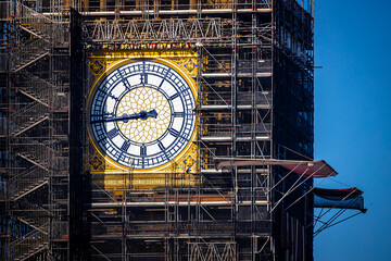 The Big Ben clock tower restored with dials and clock hands repainted Prussian blue, UK
