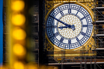 The Big Ben clock tower restored with dials and clock hands repainted Prussian blue, UK
