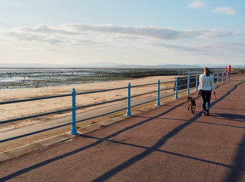 Female walking her dog at the seafront.