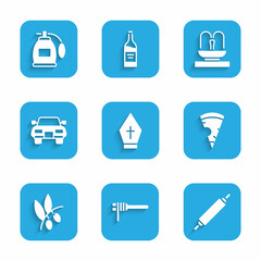 Set Pope hat, Pasta spaghetti, Rolling pin, Slice of pizza, Olives branch, Car, Fountain and Perfume icon. Vector