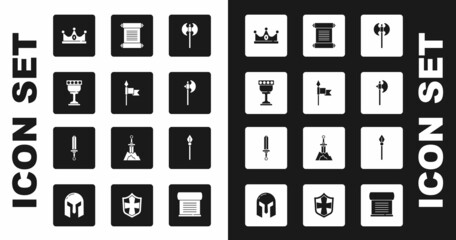 Set Medieval axe, spear, goblet, King crown, Decree, parchment, scroll, and sword icon. Vector