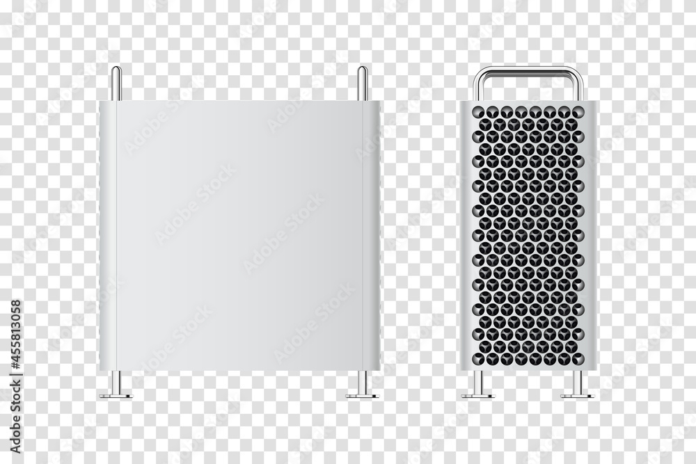 Poster realistic new technology computer. front and side view computer with grated cheese style. premium ve
