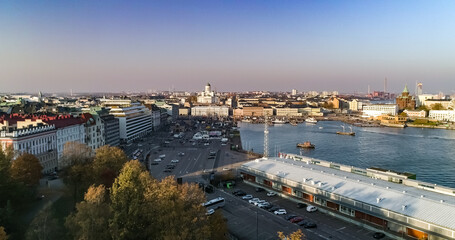 Helsinki south harbor and the cathedral, sunny, autumn evening