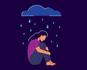 Depressed woman in rain Sad woman sitting Depressive girl silhouette design of lonely girl sit sadly Vector illustration Unhappy girl Woman sitting under rain cloud Depression concept