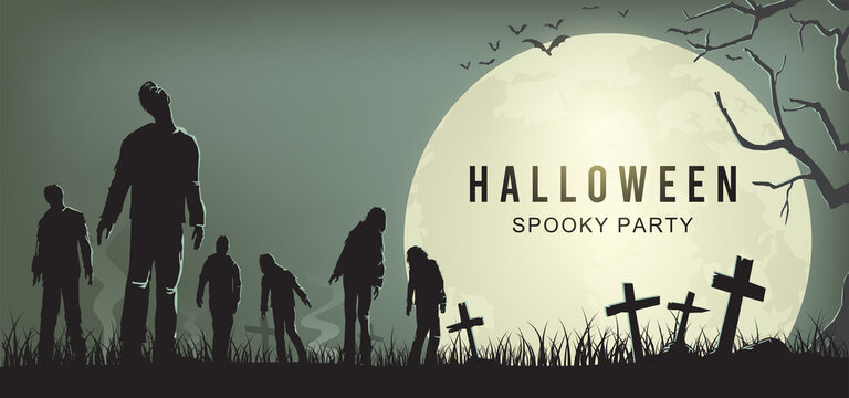 Halloween spooky party poster, Silhouette of zombies walking, Vector Illustration