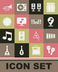 Set Maracas, Xylophone, Location musical note, Stereo speaker, Musical, Dial knob level, Trumpet and Home stereo icon. Vector