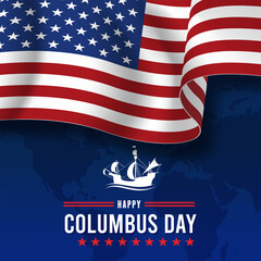 Happy Columbus day with waving american national flag and sailboat. Vector