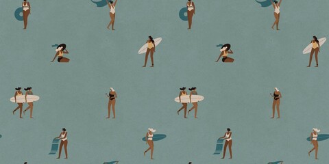 Women with surfboards, beach accessories