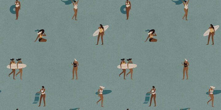 Women with surfboards, beach accessories