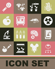 Set Genetically modified food, engineering book, Biohazard symbol, Pipette and plant, Biosafety box, apple, Microorganisms under magnifier and Experimental mouse icon. Vector